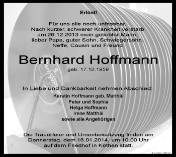 Traueranzeige von Bernhard Hoffmann von Super Sonntag Dessau / Köthen