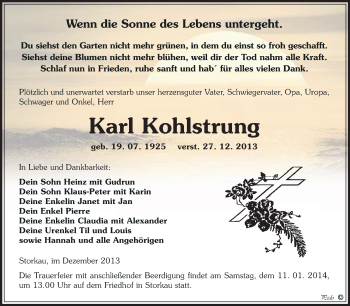 Traueranzeige von Karl Kohlstrung von WVG - Wochenspiegel NMB / WSF / ZTZ