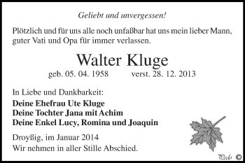 Traueranzeige von Walter Kluge von Super Sonntag Zeitz