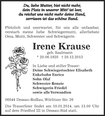 Traueranzeige von Irene Krause von WVG - Wochenspiegel Dessau / Köthen