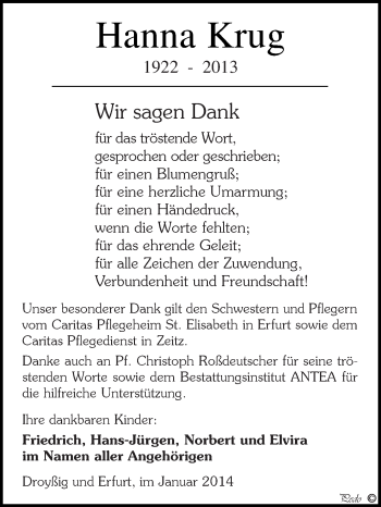 Traueranzeige von Hanna Krug von Super Sonntag Zeitz