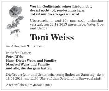 Traueranzeige von Toni Weiss von Super Sonntag Aschersleben