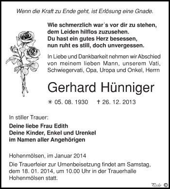 Traueranzeige von Gerhard Hünniger von WVG - Wochenspiegel NMB / WSF / ZTZ