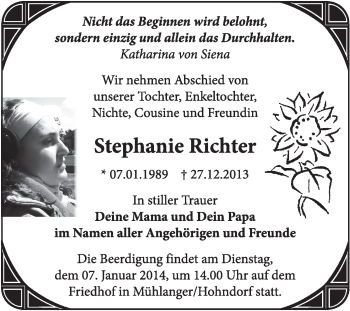 Traueranzeige von Stephanie Richter von WVG - Wochenspiegel Wittenberg