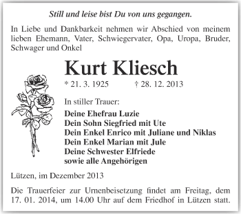 Traueranzeige von Kurt Kliesch von Super Sonntag Merseburg