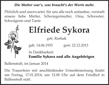 Traueranzeige von Elfriede Sykora von WVG - Wochenspiegel Quedlinburg