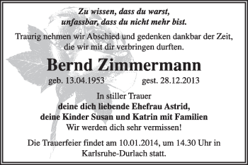 Traueranzeige von Bernd Zimmermann von Super Sonntag Dessau / Köthen