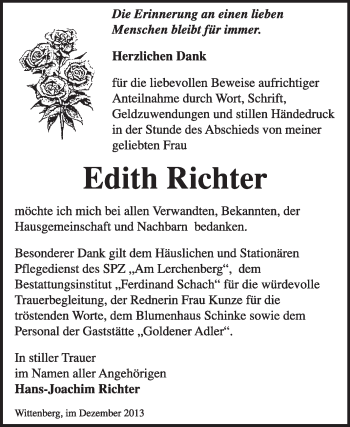 Traueranzeige von Edith Richter von Super Sonntag Wittenberg