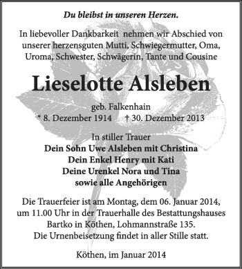 Traueranzeige von Lieselotte Alsleben von Super Sonntag Dessau / Köthen
