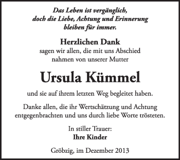 Traueranzeige von Ursula Kümmel von Super Sonntag Dessau / Köthen