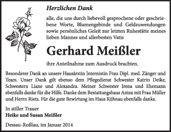 Traueranzeige von Gerhard Meißler von Super Sonntag Dessau / Köthen