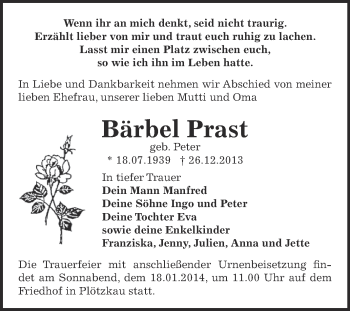 Traueranzeige von Bärbel Prast von Super Sonntag Bernburg