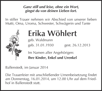 Traueranzeige von Erika Wöhlert von WVG - Wochenspiegel Quedlinburg