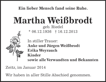 Traueranzeige von Martha Weißbrodt von Super Sonntag Zeitz