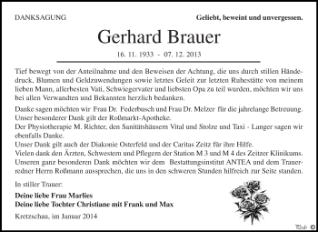 Traueranzeige von Gerhard Brauer von Super Sonntag Zeitz