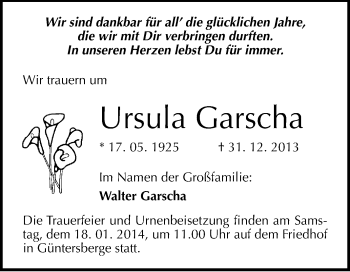 Traueranzeige von Ursula Garscha von WVG - Wochenspiegel Quedlinburg