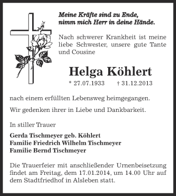 Traueranzeige von Helga Köhlert von Super Sonntag Bernburg