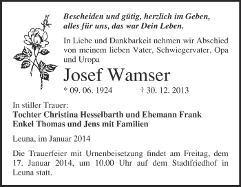 Traueranzeige von Josef Wamser von WVG - Wochenspiegel Merseburg