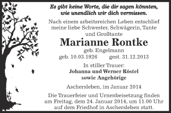 Traueranzeige von Marianne Rontke von WVG - Wochenspiegel Aschersleben