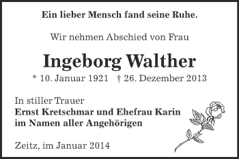 Traueranzeige von Ingeborg Walther von Super Sonntag Zeitz