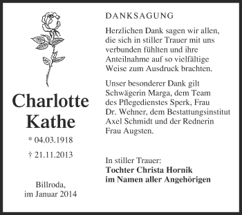 Traueranzeige von Charlotte Kathe von WVG - Wochenspiegel NMB / WSF / ZTZ