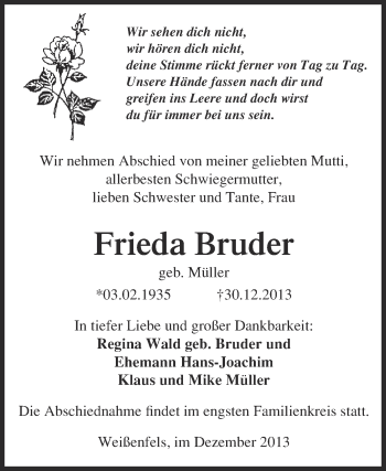 Traueranzeige von Frieda Bruder von WVG - Wochenspiegel NMB / WSF / ZTZ