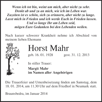 Traueranzeige von Horst Mahr von WVG - Wochenspiegel Merseburg