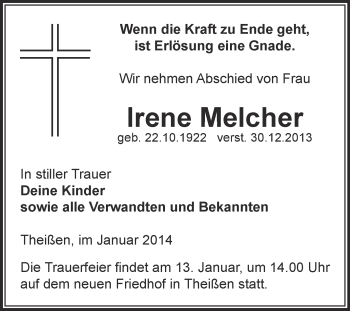 Traueranzeige von Irene Melcher von Super Sonntag Zeitz