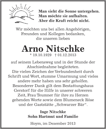 Traueranzeige von Arno Nitschke von Super Sonntag Aschersleben