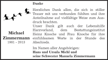 Traueranzeige von Michael Zimmermann von WVG - Wochenspiegel Aschersleben