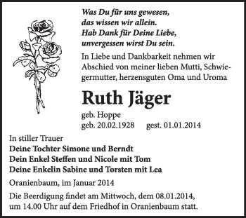 Traueranzeige von Ruth Jäger von WVG - Wochenspiegel Wittenberg
