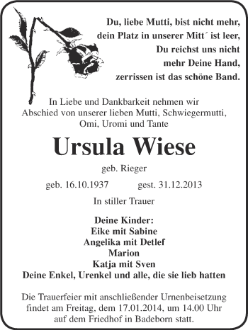 Traueranzeige von Ursula Wiese von WVG - Wochenspiegel Quedlinburg