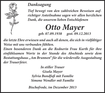 Traueranzeige von Otto Mayer von Wochenspiegel Mansfelder Land