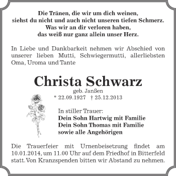 Traueranzeige von Christa Schwarz von WVG - Wochenspiegel Bitterfeld