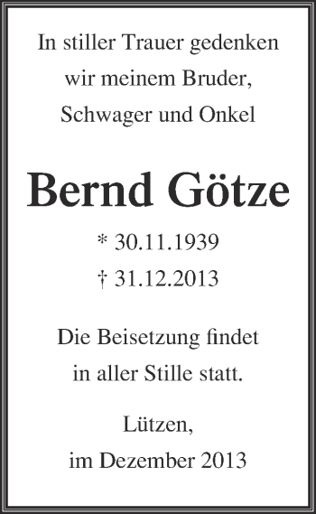 Traueranzeige von Bernd Götze von Super Sonntag Merseburg