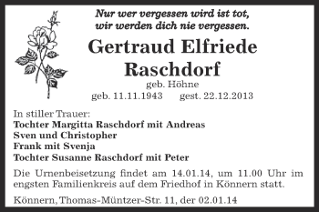 Traueranzeige von Gertraud Elfriede Raschdorf von Super Sonntag Bernburg
