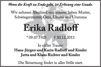 Traueranzeige von Erika Radloff von Super Sonntag Dessau / Köthen