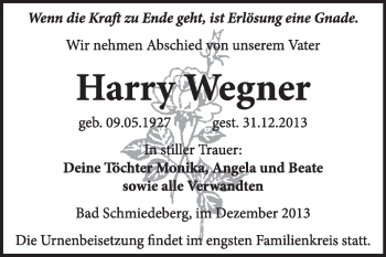 Traueranzeige von Harry Wegner von WVG - Wochenspiegel Wittenberg