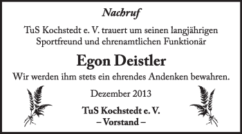 Traueranzeige von Egon Deistler von Super Sonntag Dessau / Köthen