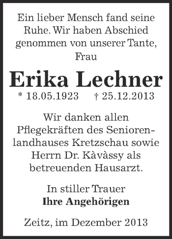 Traueranzeige von Erika Lechner von Super Sonntag Zeitz