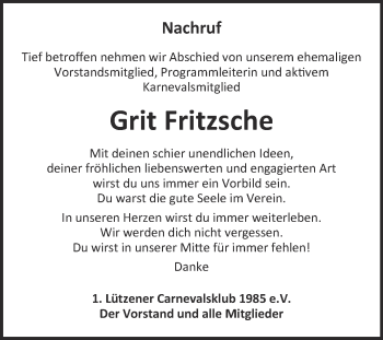Traueranzeige von Grit Fritzsche von WVG - Wochenspiegel NMB / WSF / ZTZ