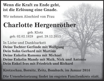 Traueranzeige von Charlotte Hergenröther von Super Sonntag Zeitz