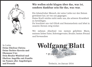 Traueranzeige von Wolfgang Blatt von Super Sonntag Zeitz