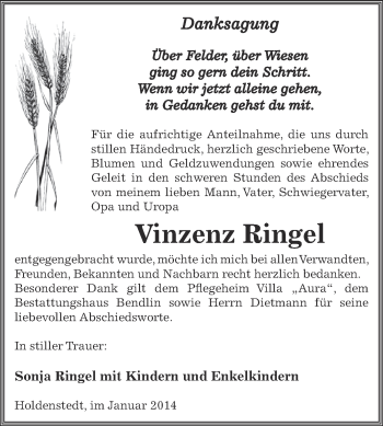 Traueranzeige von Vinzenz Ringel von WVG - Wochenspiegel SGH