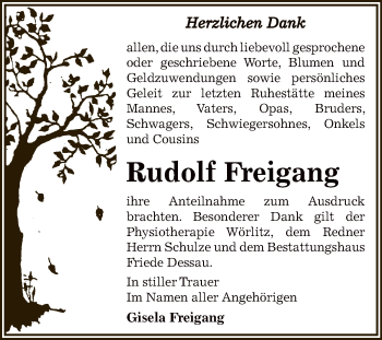 Traueranzeige von Rudolf Freigang von WVG - Wochenspiegel Dessau / Köthen