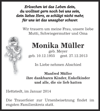 Traueranzeige von Monika Müller von Super Sonntag SGH Mansf. Land