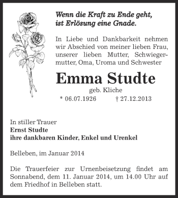 Traueranzeige von Emma Studte von Super Sonntag Bernburg