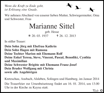 Traueranzeige von Marianne Sittel von Super Sonntag Zeitz