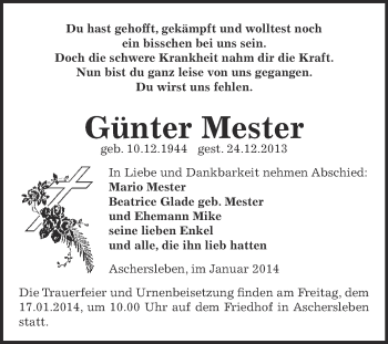 Traueranzeige von Günter Mester von WVG - Wochenspiegel Aschersleben