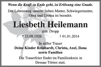 Traueranzeige von Liesbeth Heilemann von Super Sonntag Dessau / Köthen